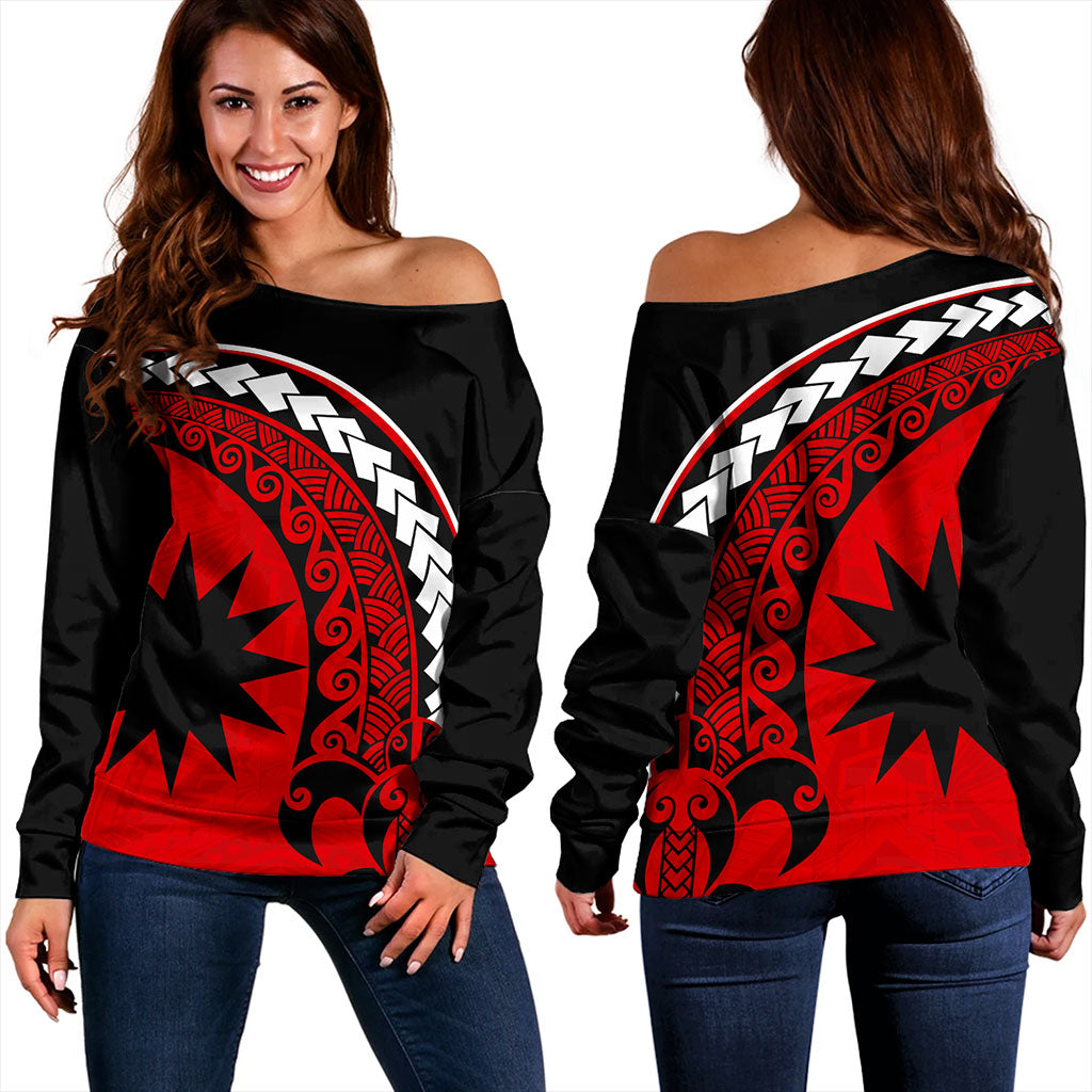 Nauru Off Shoulder Sweatshirt Turtle Polynesian Tribal Coat Of Arms