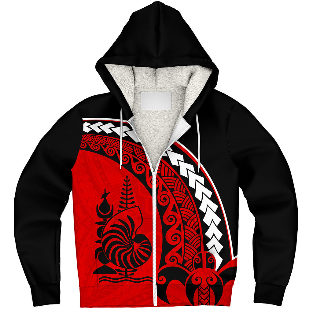 New Caledonia Sherpa Hoodie Turtle Polynesian Tribal Coat Of Arms