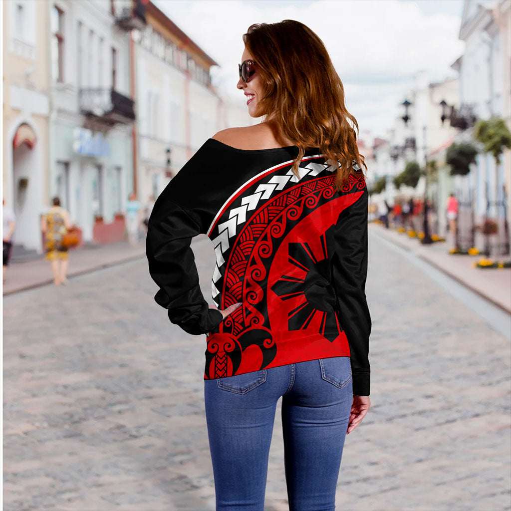 Philippines Filipinos Off Shoulder Sweatshirt Turtle Polynesian Tribal Coat Of Arms