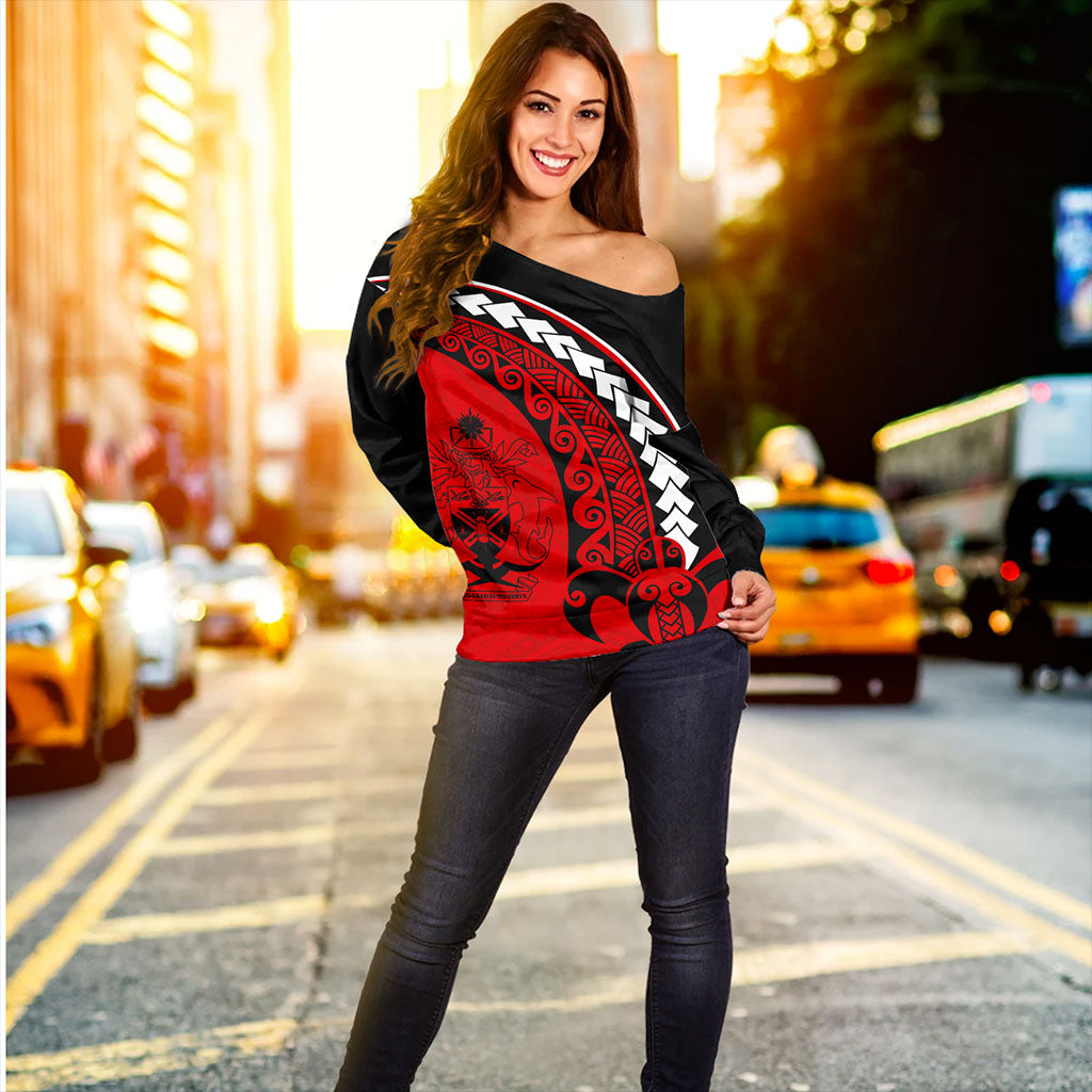 Solomon Islands Off Shoulder Sweatshirt Turtle Polynesian Tribal Coat Of Arms