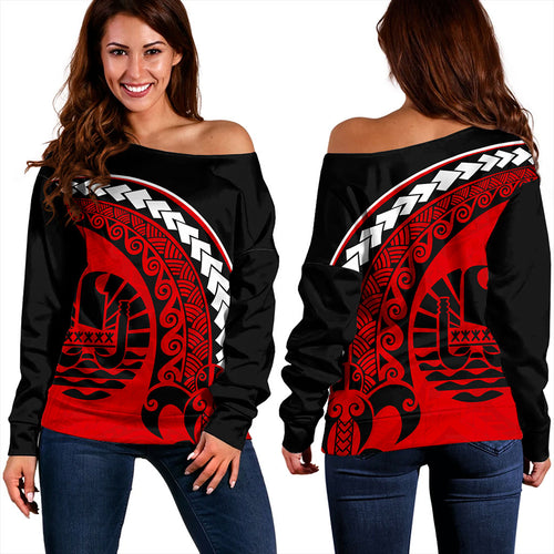Tahiti Off Shoulder Sweatshirt Turtle Polynesian Tribal Coat Of Arms