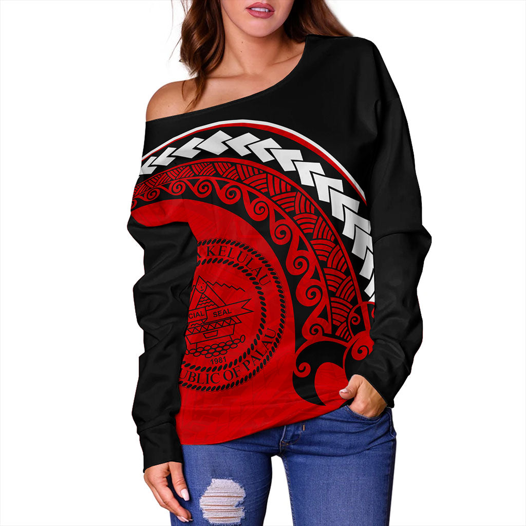 Palau Off Shoulder Sweatshirt Turtle Polynesian Tribal Coat Of Arms