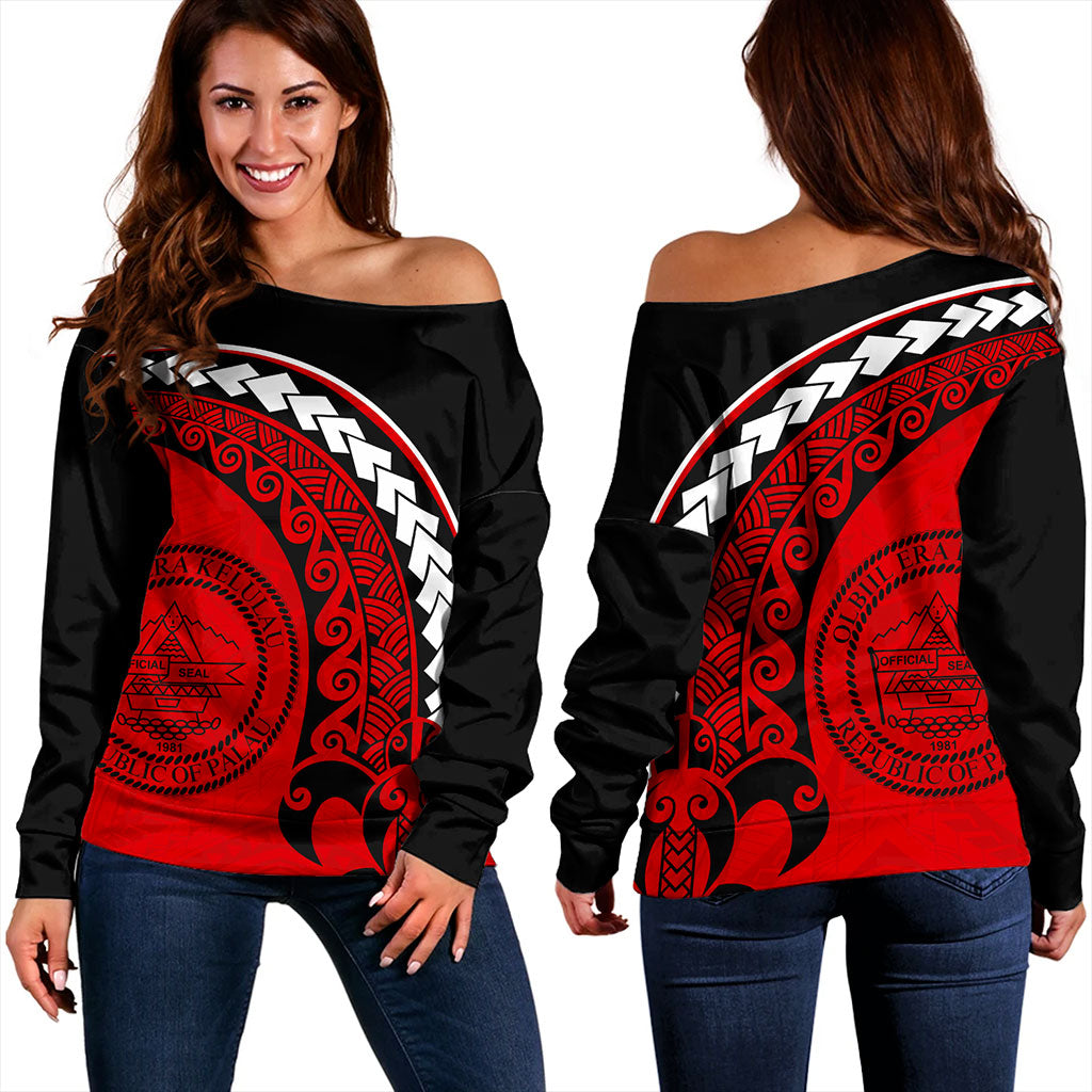 Palau Off Shoulder Sweatshirt Turtle Polynesian Tribal Coat Of Arms