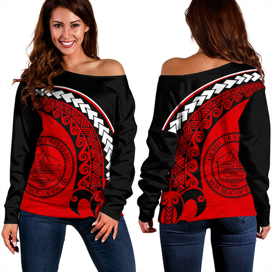 Palau Off Shoulder Sweatshirt Turtle Polynesian Tribal Coat Of Arms