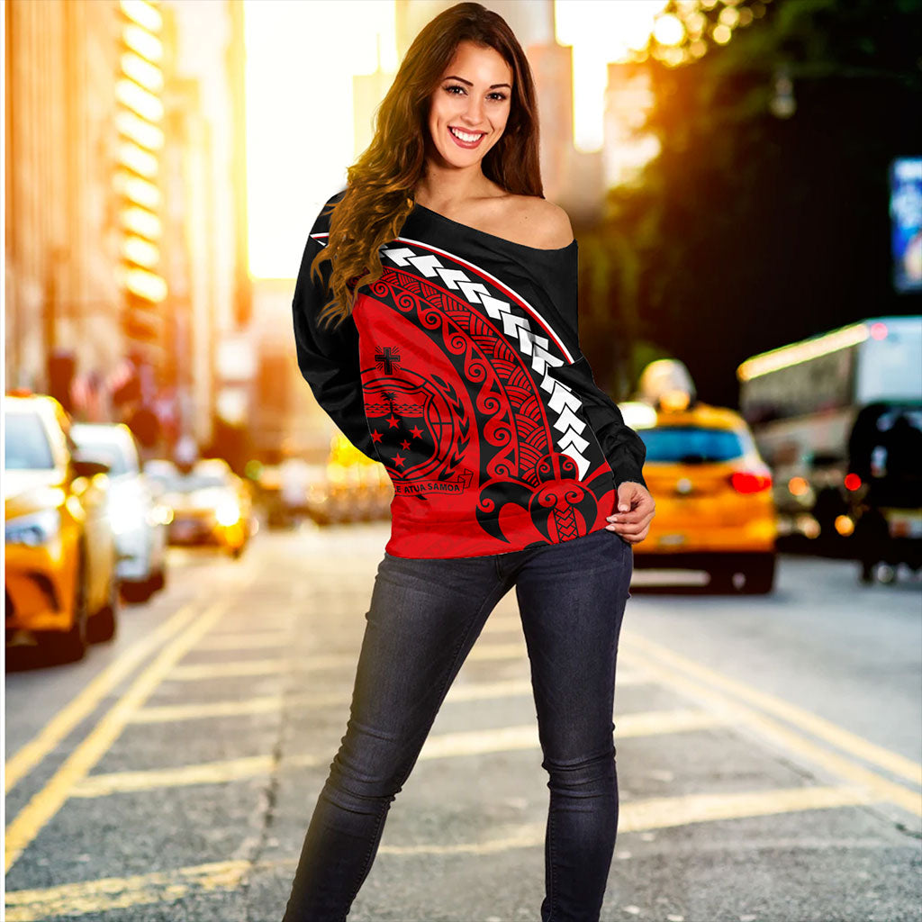 Samoa Off Shoulder Sweatshirt Turtle Polynesian Tribal Coat Of Arms