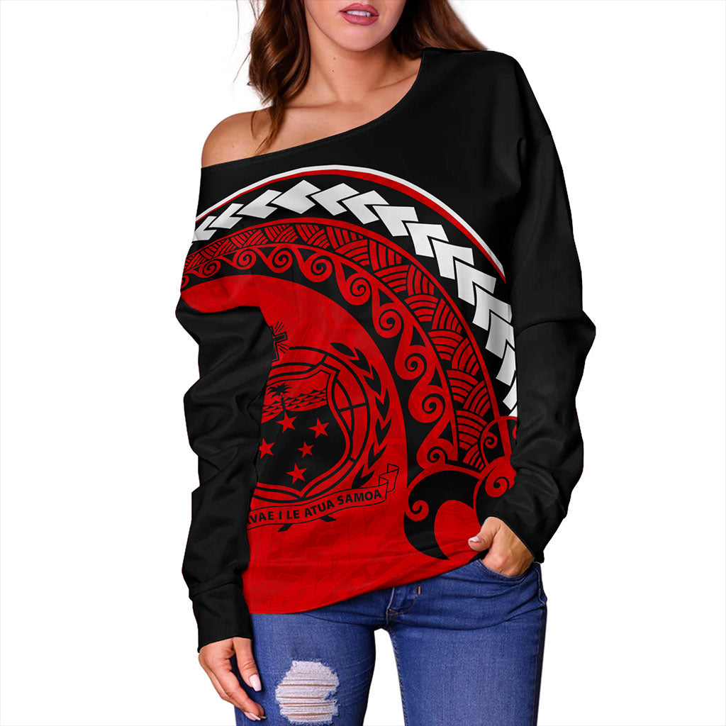 Samoa Off Shoulder Sweatshirt Turtle Polynesian Tribal Coat Of Arms
