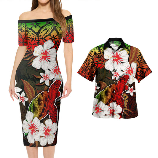 Hawaii Combo Short Sleeve Dress And Shirt Turtle Tropical Style Reggae