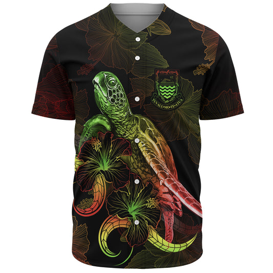 Tuvalu Baseball Shirt Sea Turtle With Blooming Hibiscus Flowers Reggae