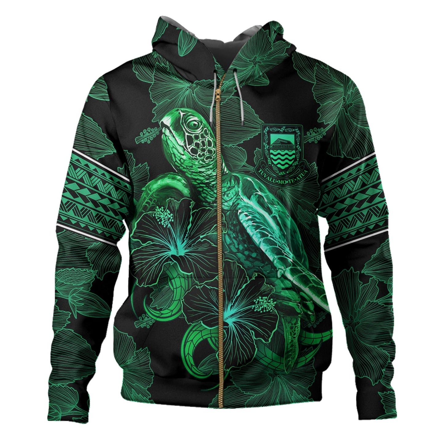 Tuvalu Hoodie Sea Turtle With Blooming Hibiscus Flowers Tribal Green