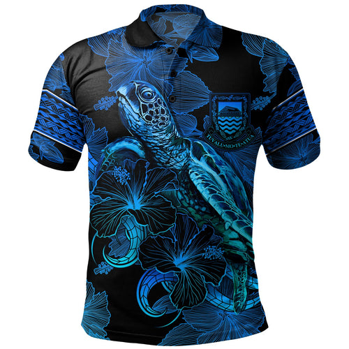 Tuvalu Polo Shirt Sea Turtle With Blooming Hibiscus Flowers Tribal Blue