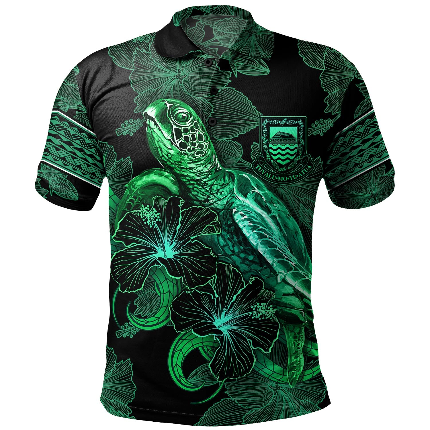 Tuvalu Polo Shirt  Sea Turtle With Blooming Hibiscus Flowers Tribal Green