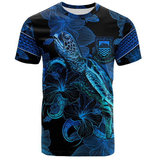 Tuvalu T-Shirt Sea Turtle With Blooming Hibiscus Flowers Tribal Blue