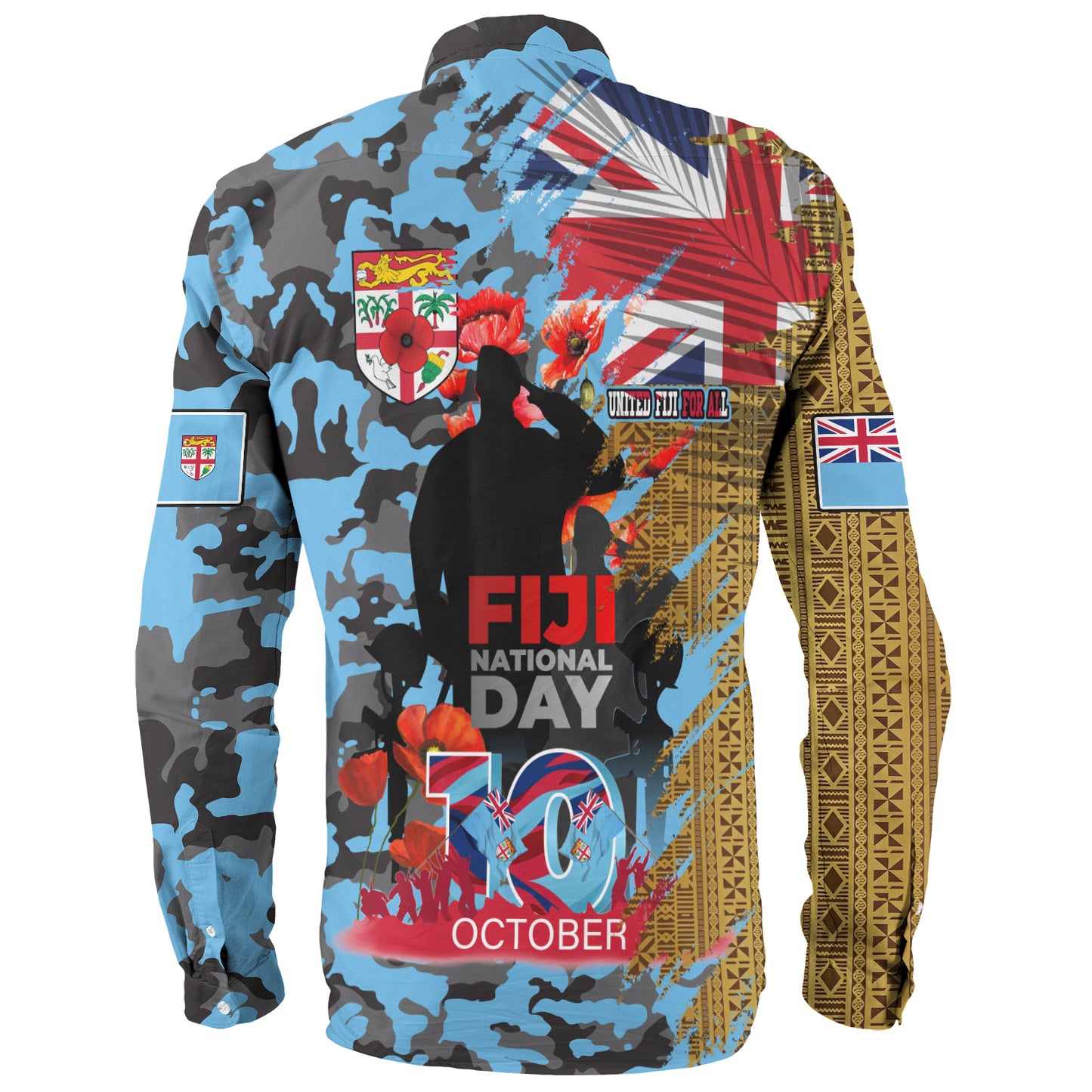 Fiji Long Sleeve Shirt Fiji National Day Red Poppy Half Camouflage x Kesakesa Vakaviti Tapa