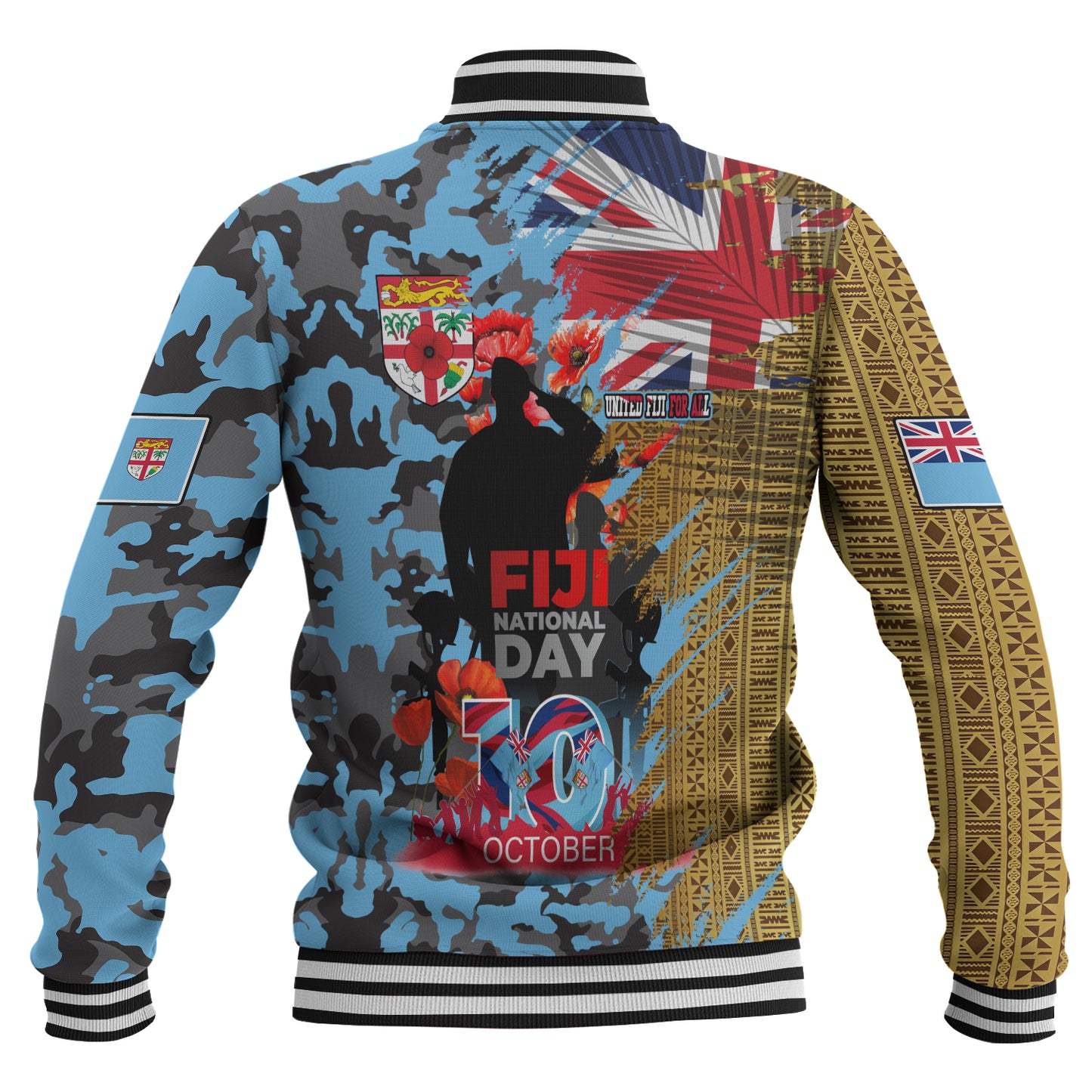 Fiji Baseball Jacket Fiji National Day Red Poppy Half Camouflage x Kesakesa Vakaviti Tapa
