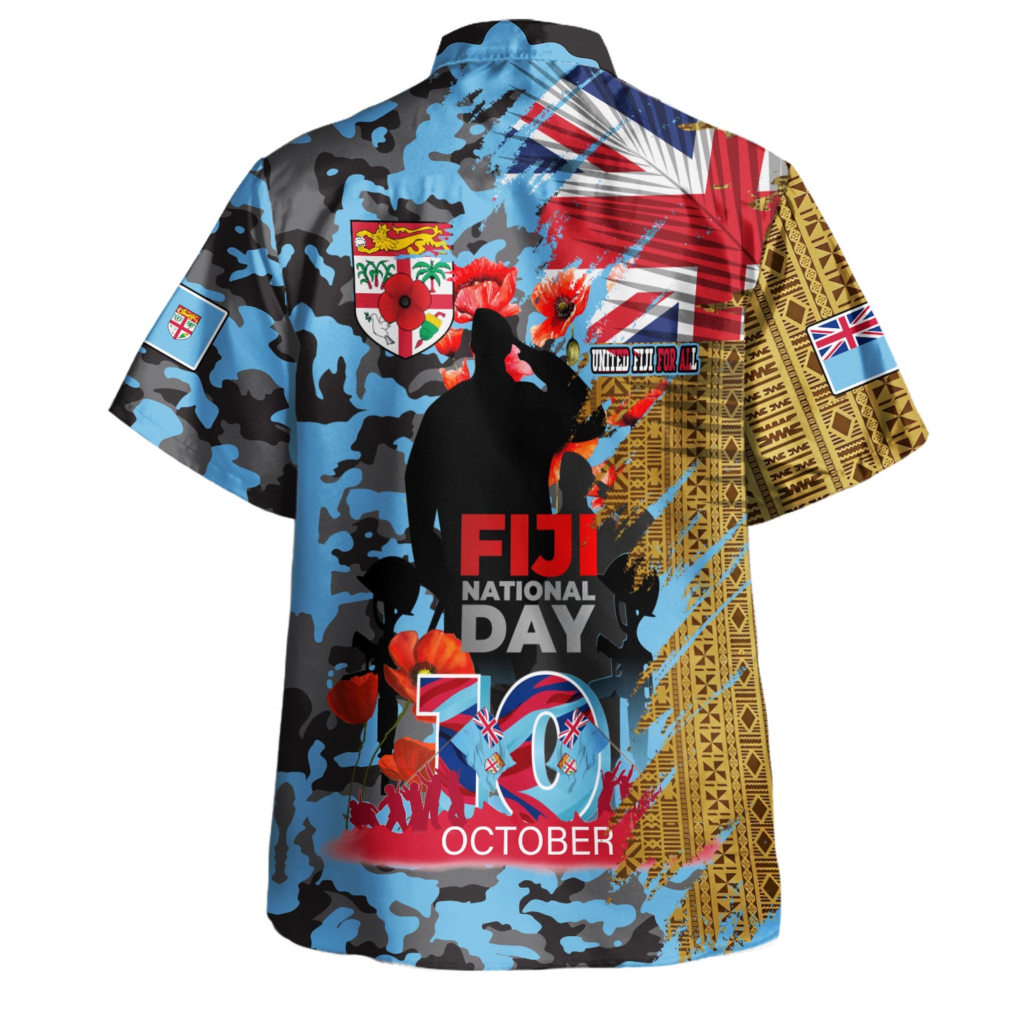 Fiji Hawaiian Shirt Fiji National Day Red Poppy Half Camouflage x Kesakesa Vakaviti Tapa