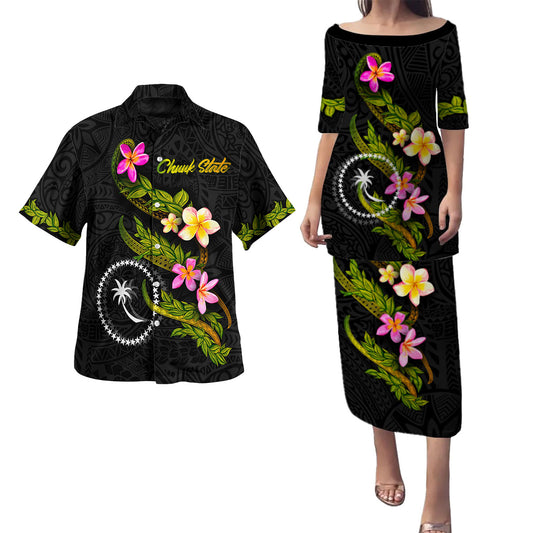Chuuk State Combo Puletasi And Shirt Plumeria Tribal