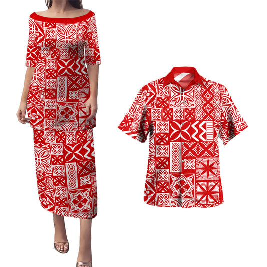 Samoa Combo Puletasi And Shirt Tapa Design Dobby Fabric Red