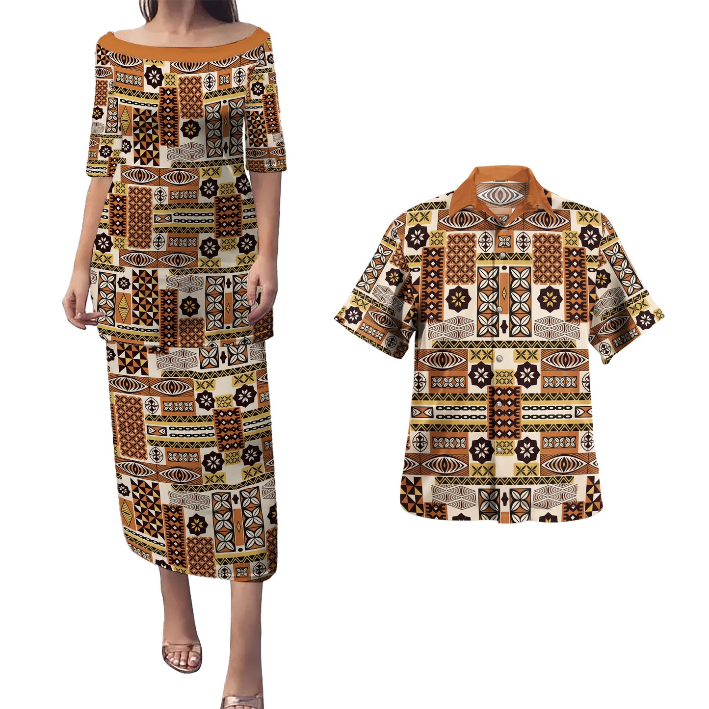 Tonga Combo Puletasi And Shirt Ngatu Tapa Pattern