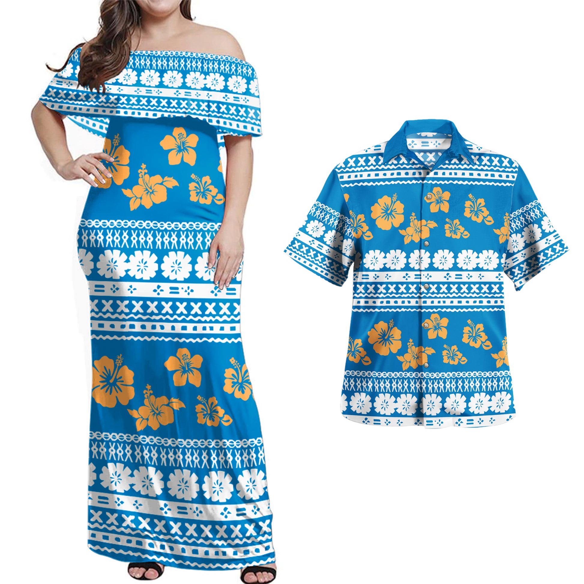 Fiji Combo Off Shoulder Long Dress And Shirt Tapa Flower Fabric Print