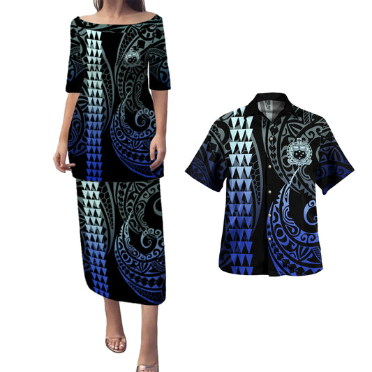 Samoa Combo Puletasi And Shirt Kakau Style Gradient Blue