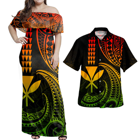 Hawaii Polynesian Combo Dress And Shirt Kanaka Polynesian Tribal Wave Kakau Style