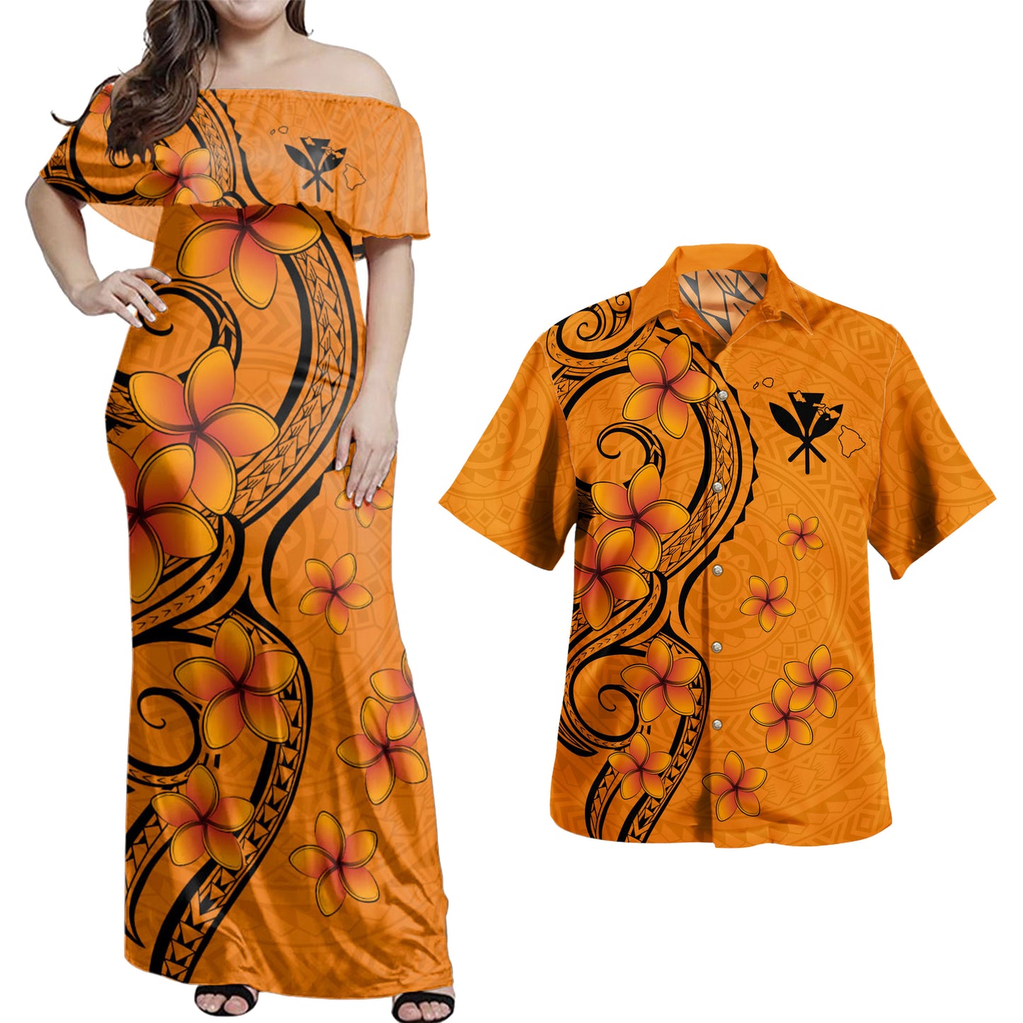 Hawaii Combo Dress And Shirt Tribal Tattoo Polynesia Plumeria Flower