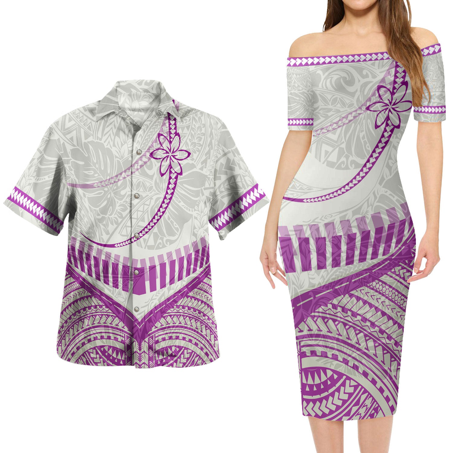 Polynesian Patterns Plumeria Flowers Curve Style Short Sleeve Dress And Shirt