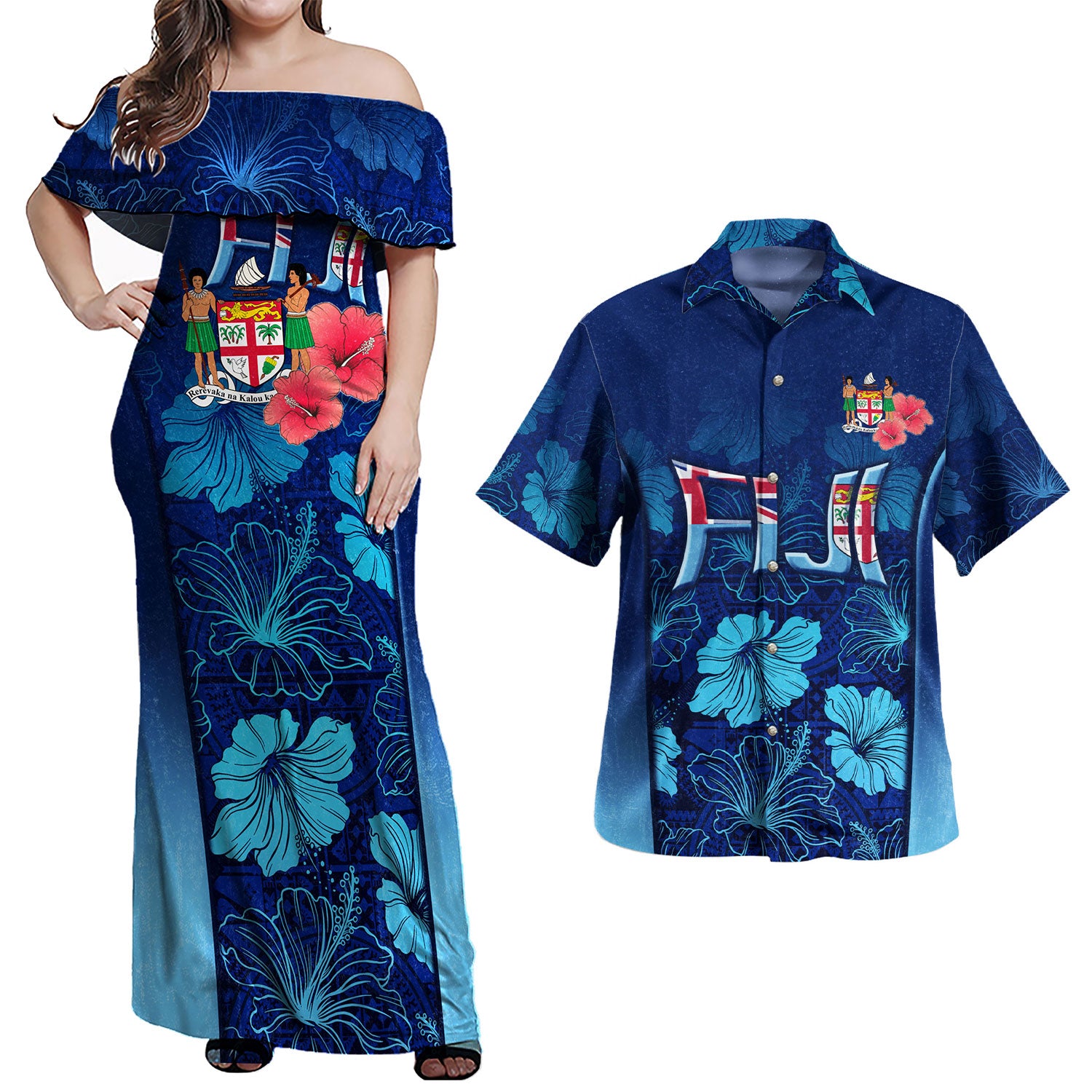 Fiji Combo Dress And Shirt Fijian Traditional Patterns Hibiscus Flowers