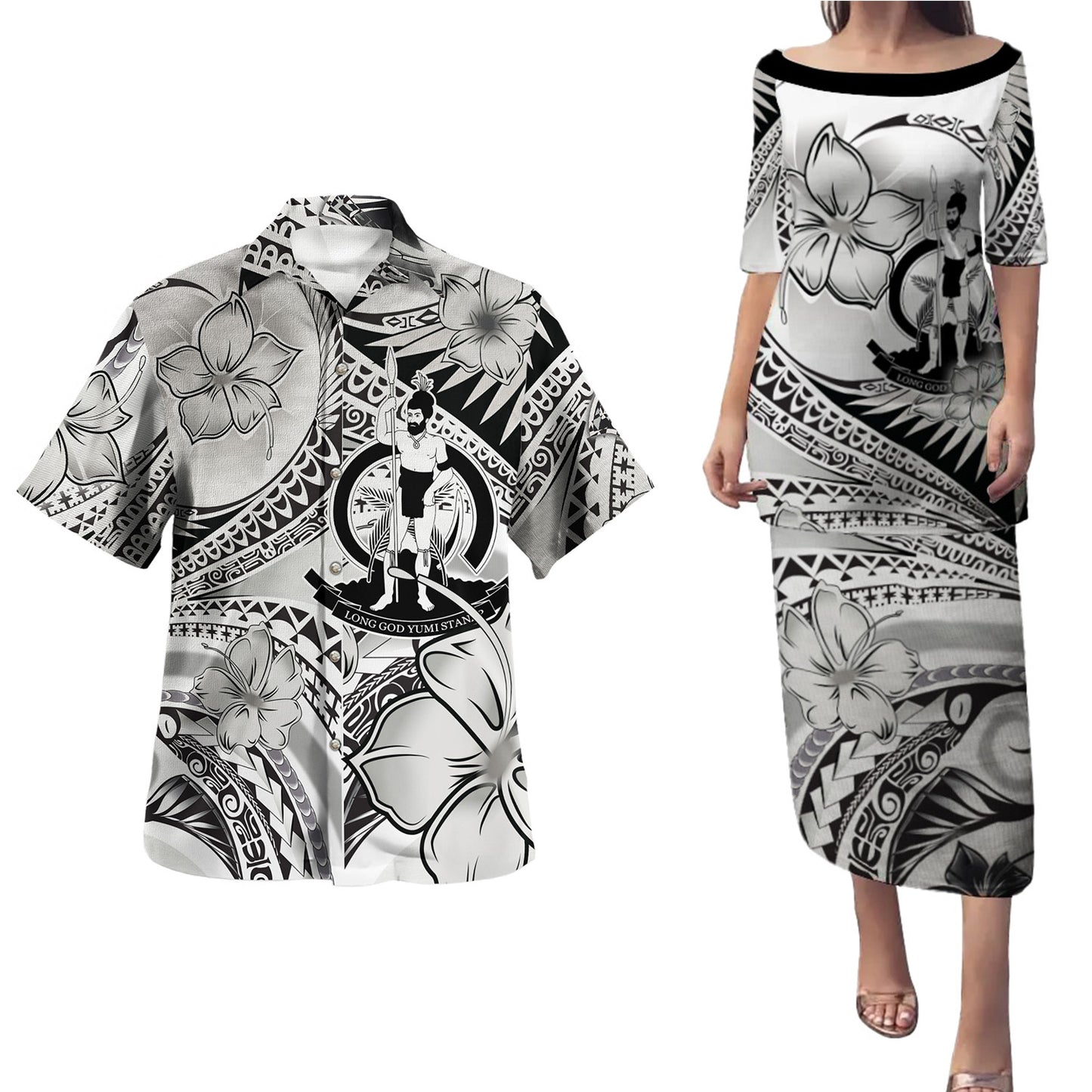 Vanuatu Combo Puletasi And Shirt Polynesian Tribal Waves Patterns Hibiscus Flowers