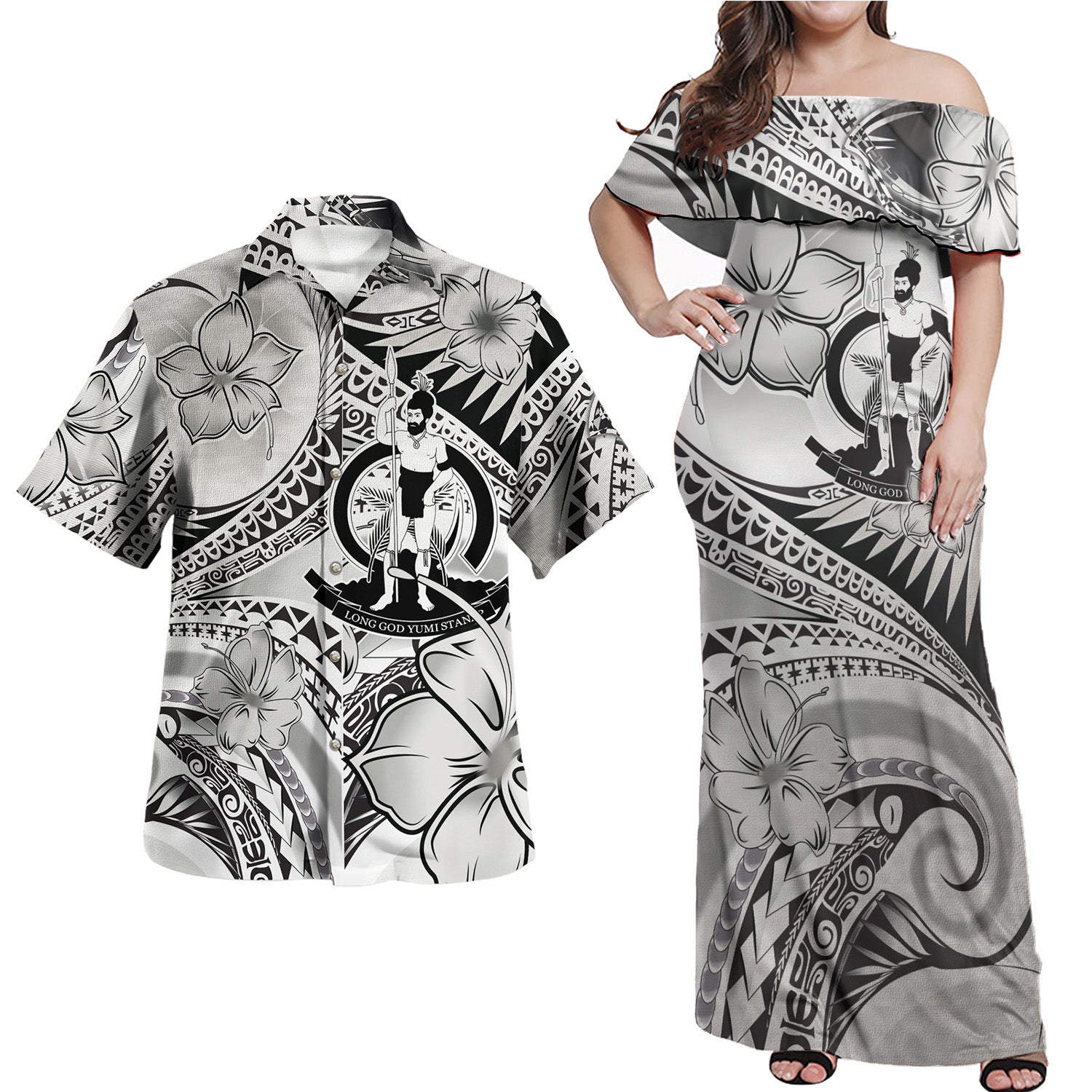 Vanuatu Combo Off Shoulder Long Dress And Shirt Polynesian Tribal Waves Patterns Hibiscus Flowers