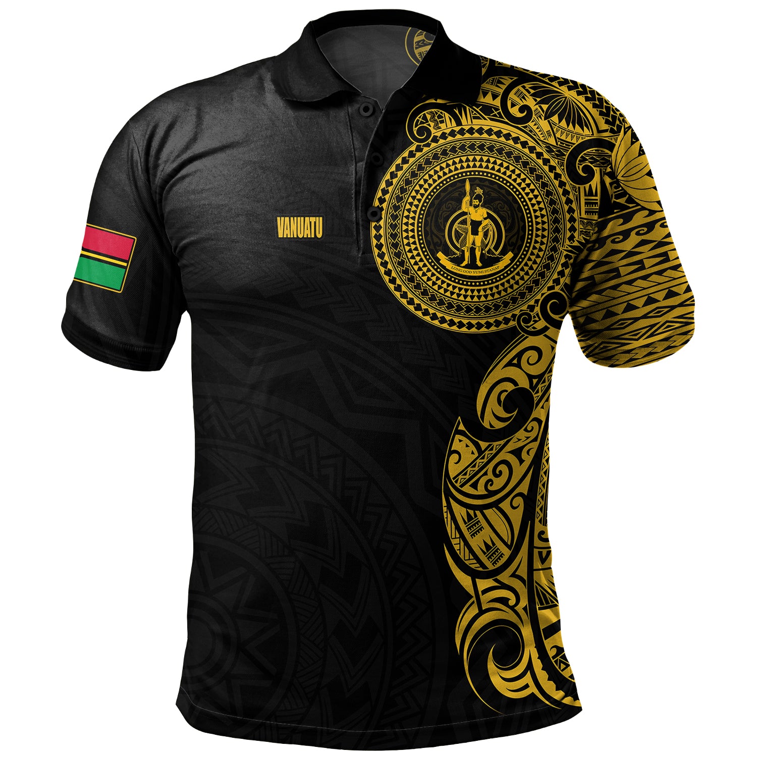 Vanuatu Polo Shirt Custom Polynesian Half Sleeve Gold Tattoo With Seal Black