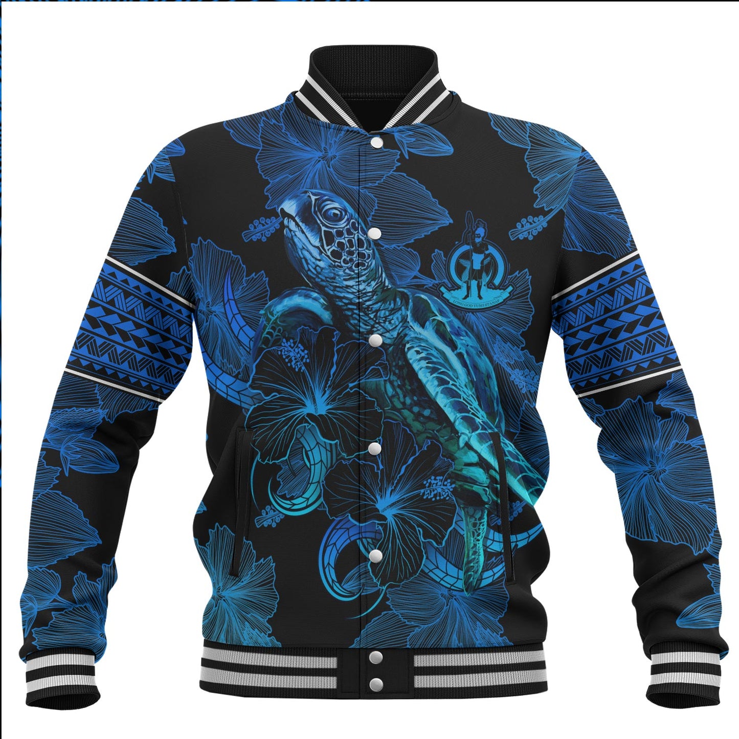 Vanuatu Baseball Jacket Sea Turtle With Blooming Hibiscus Flowers Tribal Blue