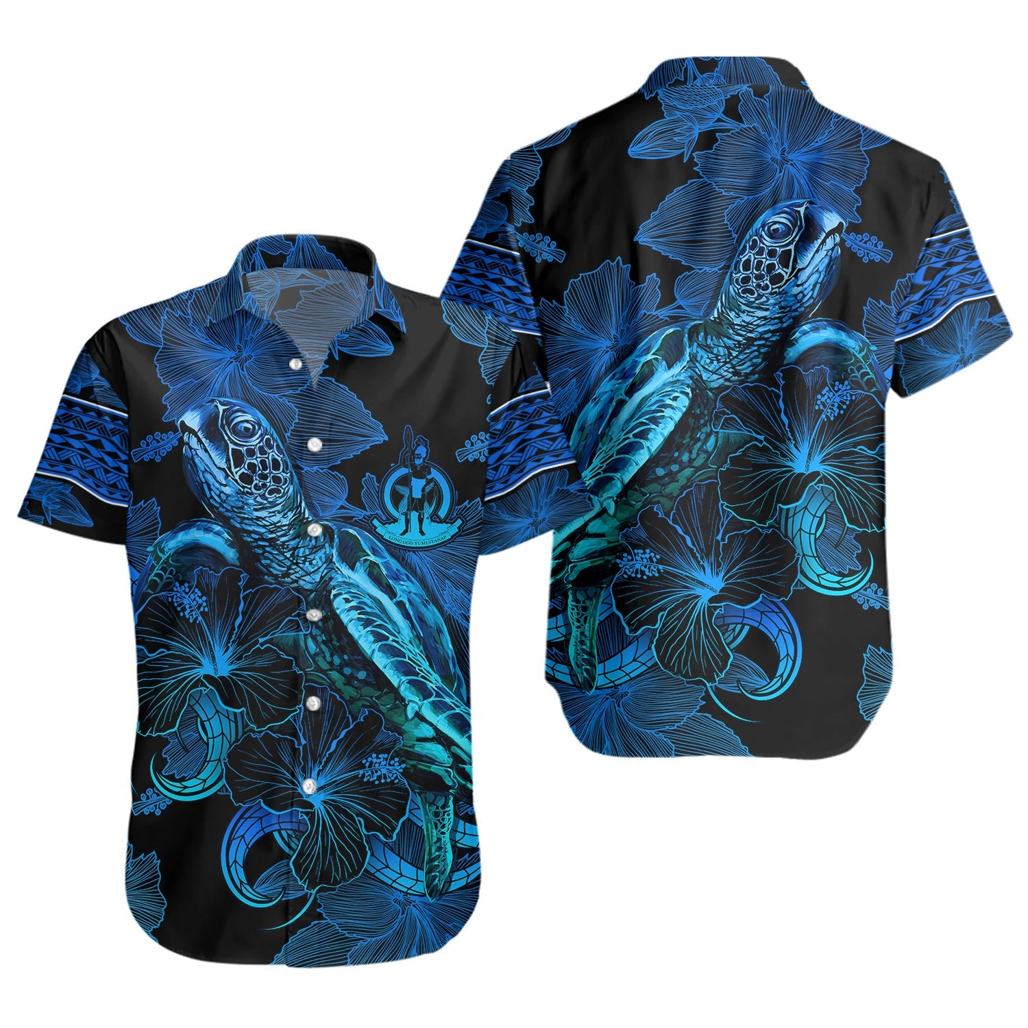 Vanuatu Short Sleeve Shirt Sea Turtle With Blooming Hibiscus Flowers Tribal Blue