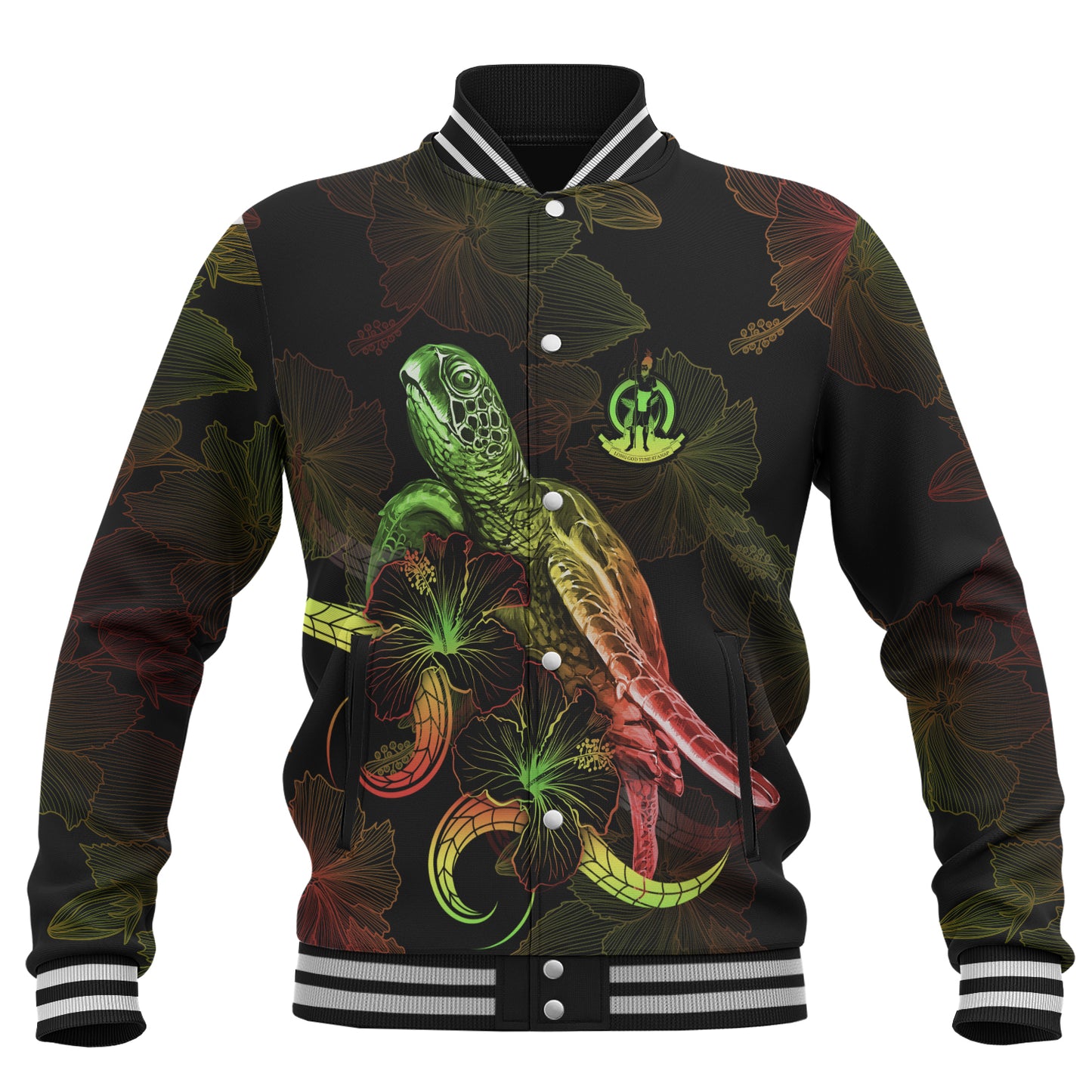 Vanuatu Baseball Jacket Sea Turtle With Blooming Hibiscus Flowers Reggae