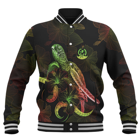 Vanuatu Baseball Jacket Sea Turtle With Blooming Hibiscus Flowers Reggae
