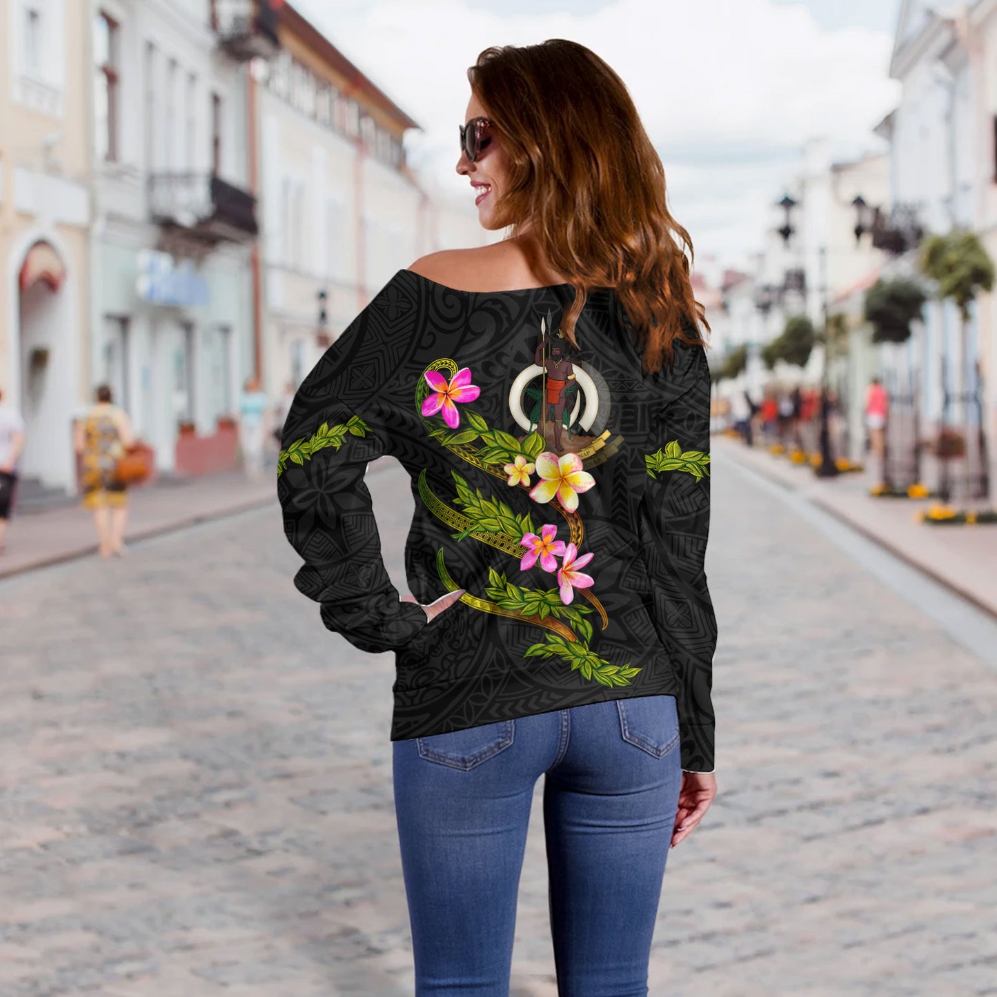 Vanuatu Off Shoulder Sweatshirt Custom Plumeria Tribal