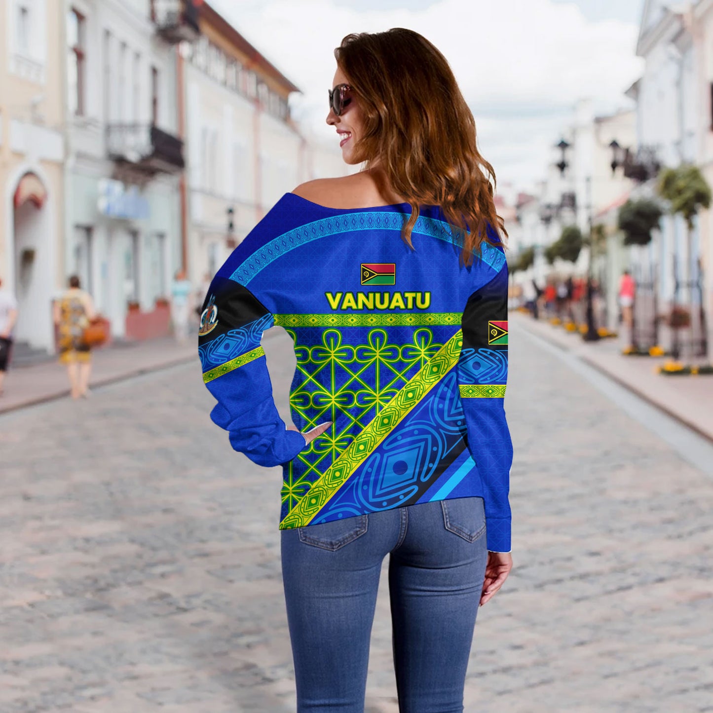 Vanuatu Off Shoulder Sweatshirt Coat Of Arms Mutis En Atan Vanuatu Cultural