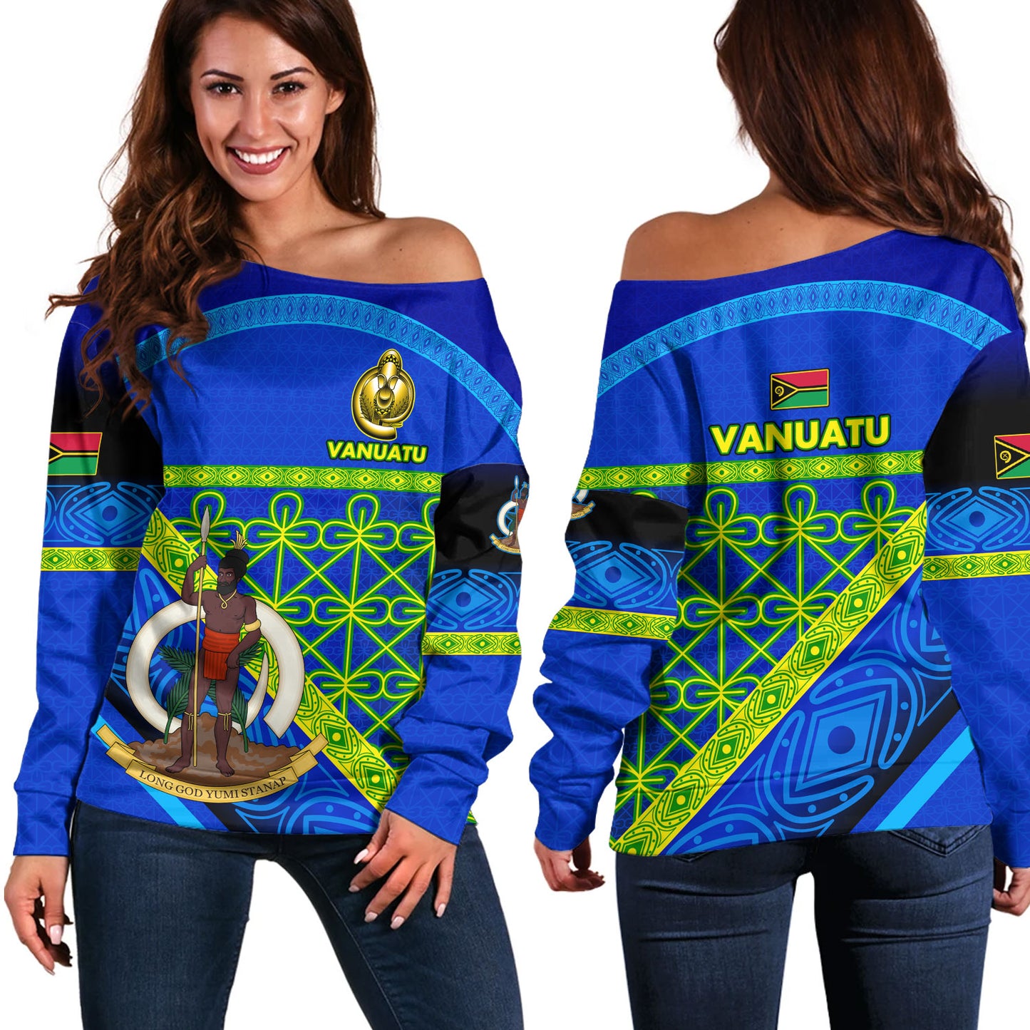 Vanuatu Off Shoulder Sweatshirt Coat Of Arms Mutis En Atan Vanuatu Cultural