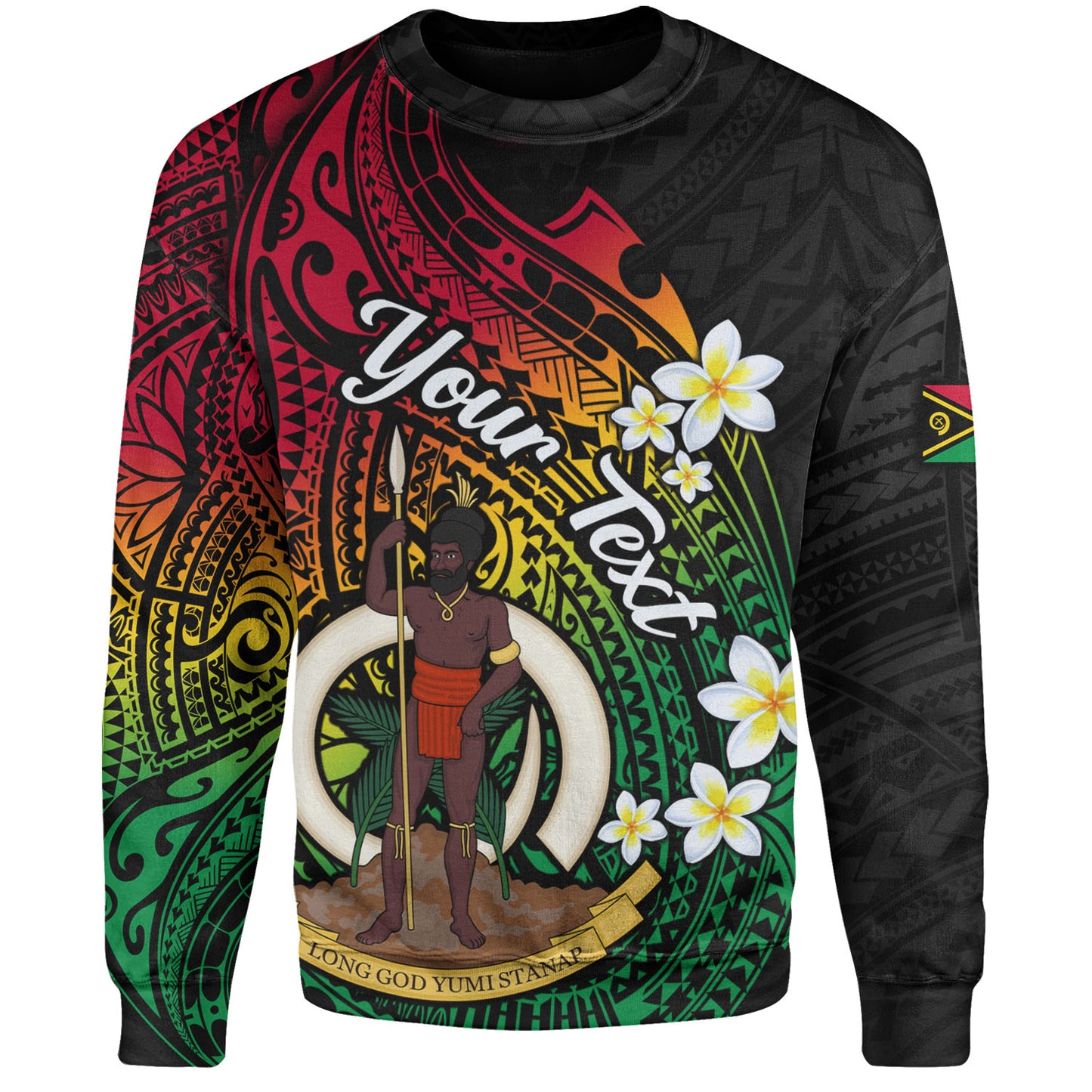 Vanuatu Sweatshirt Custom Plumeria Flowers Tribal Motif Flag Color Design