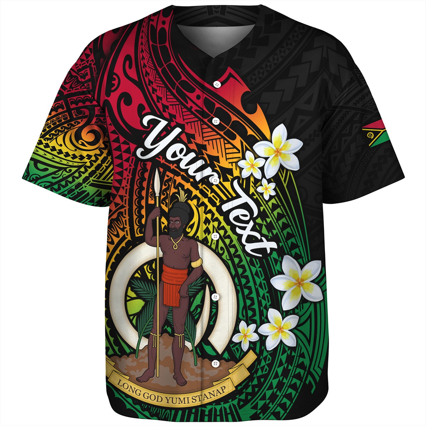 Vanuatu Baseball Shirt Custom Plumeria Flowers Tribal Motif Flag Color Design
