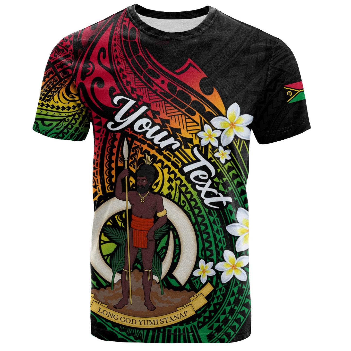 Vanuatu T-Shirt Custom Plumeria Flowers Tribal Motif Flag Color Design