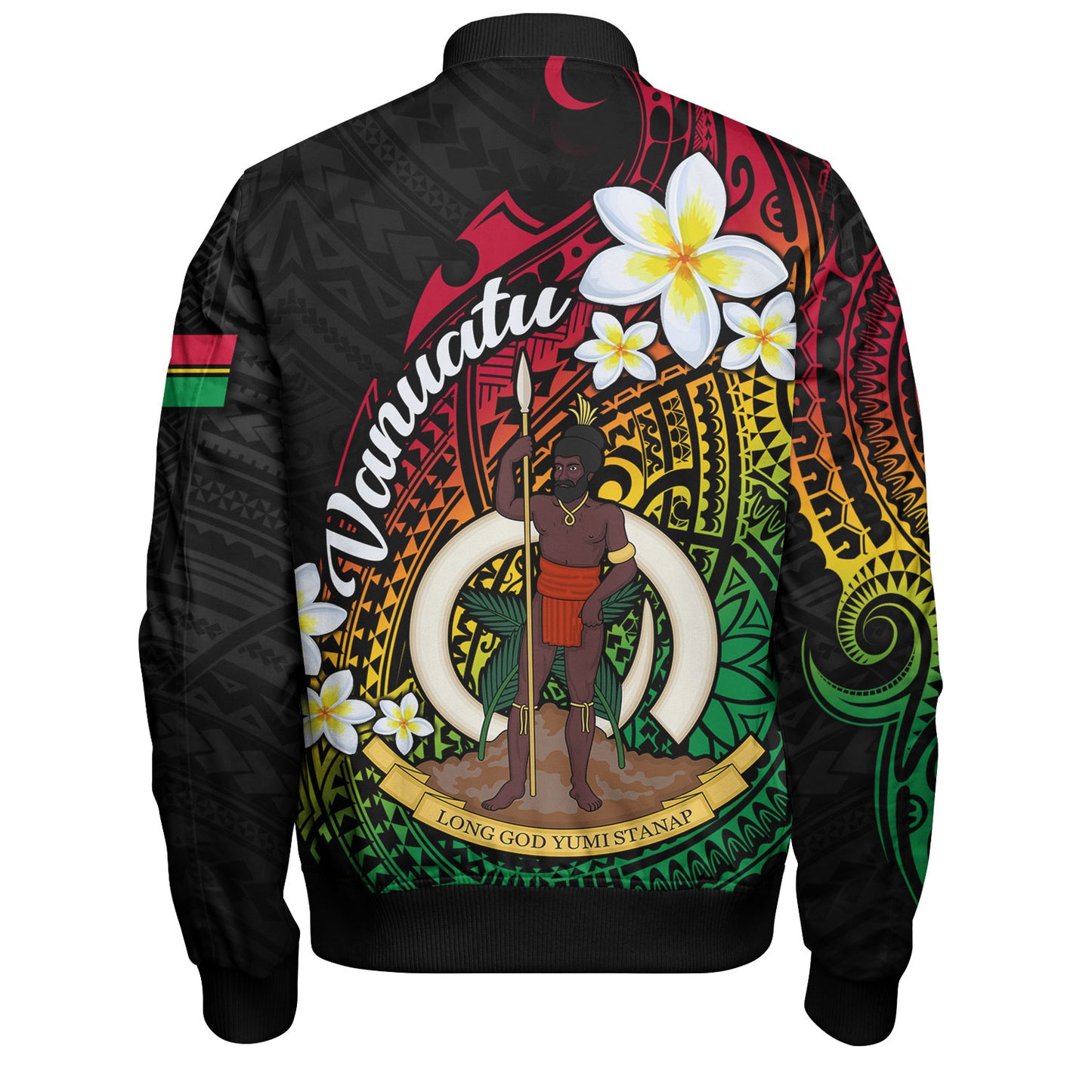 Vanuatu Bomber Jacket Custom Plumeria Flowers Tribal Motif Flag Color Design
