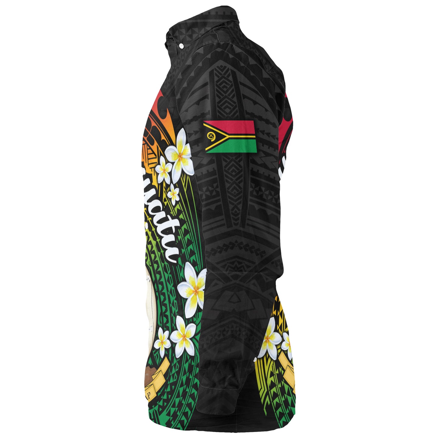 Vanuatu Long Sleeve Shirt Custom Plumeria Flowers Tribal Motif Flag Color Design