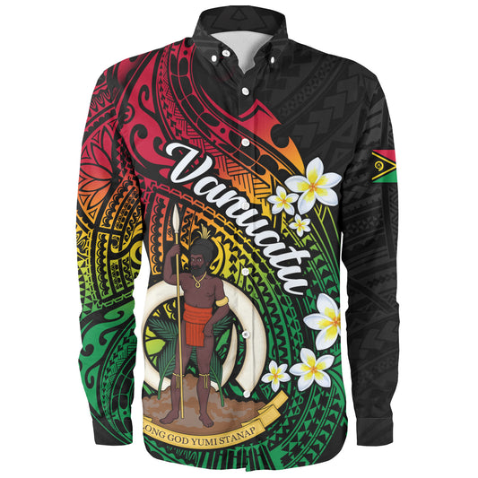 Vanuatu Long Sleeve Shirt Custom Plumeria Flowers Tribal Motif Flag Color Design