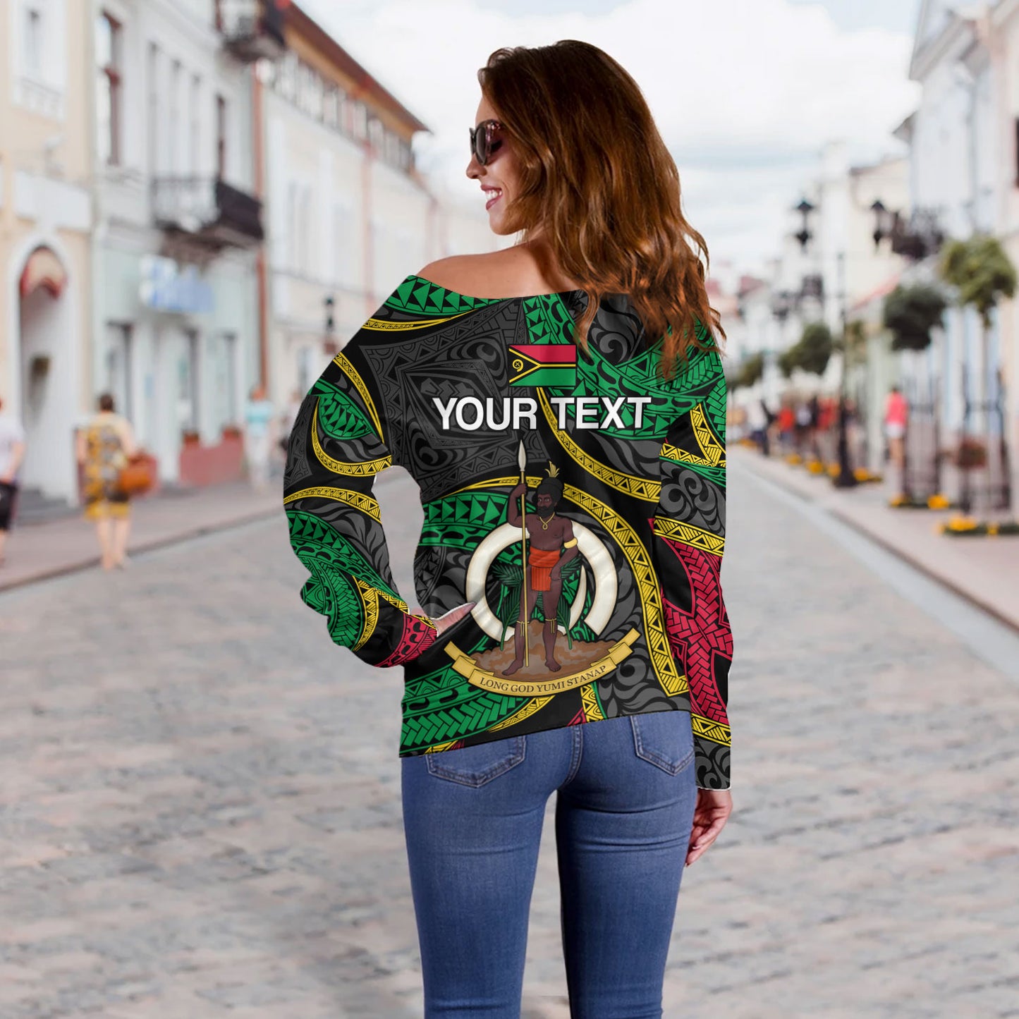 Vanuatu Off Shoulder Sweatshirt - Custom Proud Vanuatu Tribal Pattern Mix Flag
