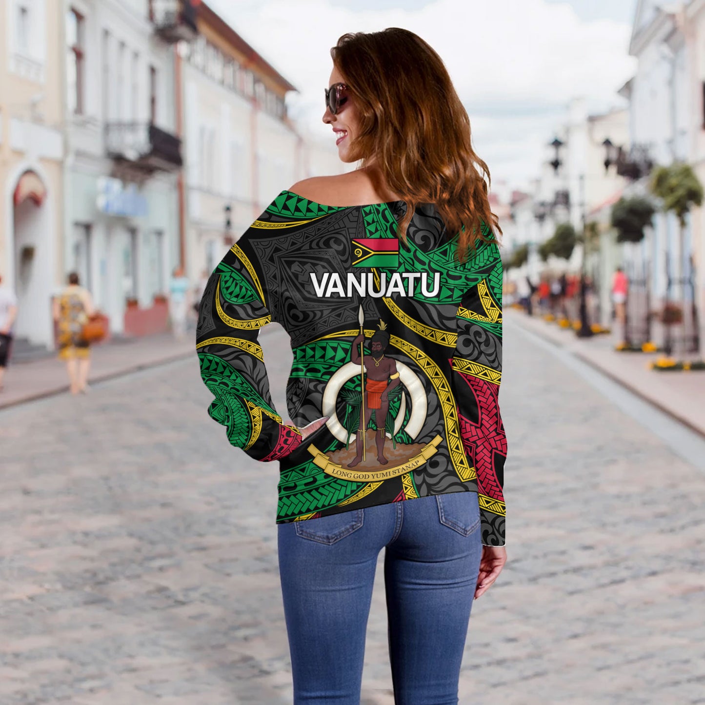 Vanuatu Off Shoulder Sweatshirt - Custom Proud Vanuatu Tribal Pattern Mix Flag
