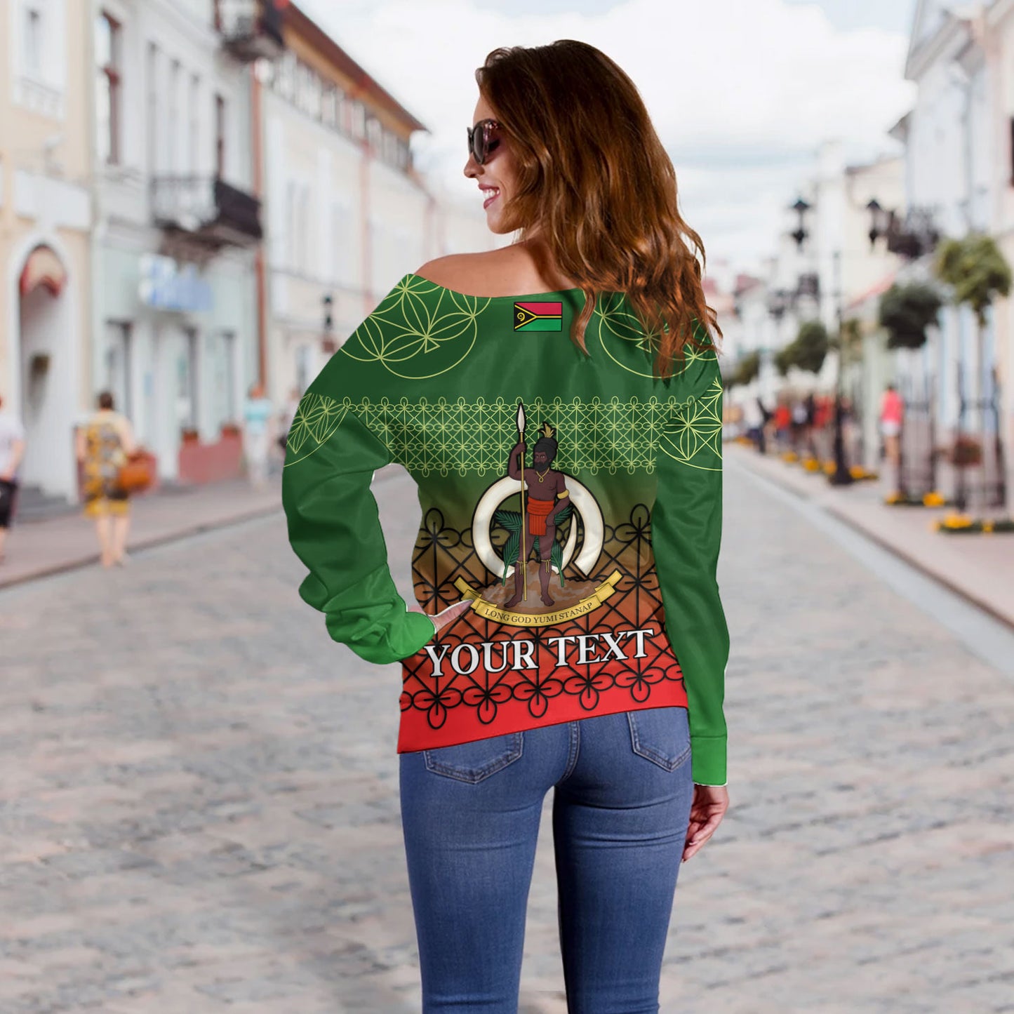Vanuatu Off Shoulder Sweatshirt Custom Seal Flag Color Mutis En Atan Design