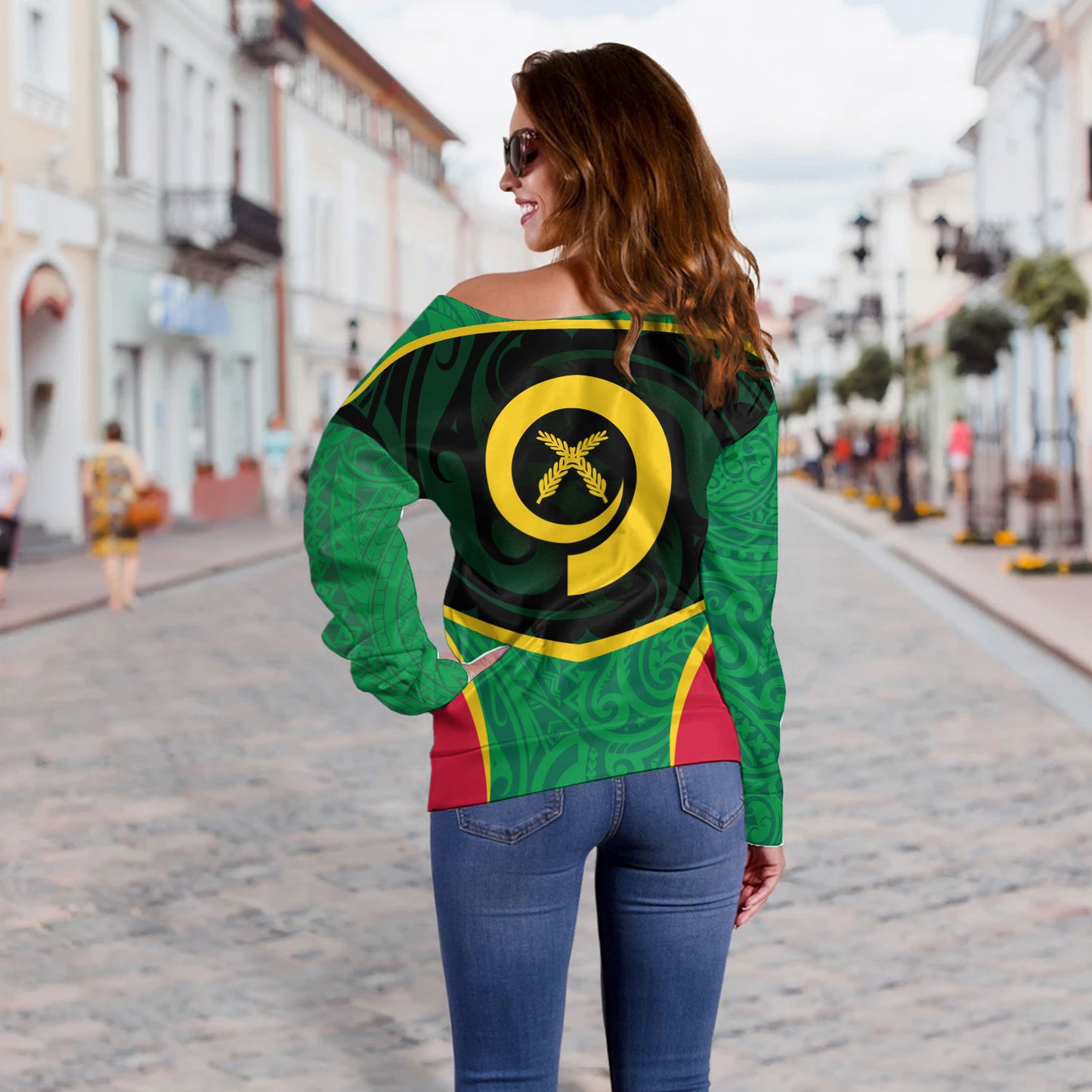 Vanuatu Off Shoulder Sweatshirt Seal Tribal Patterns