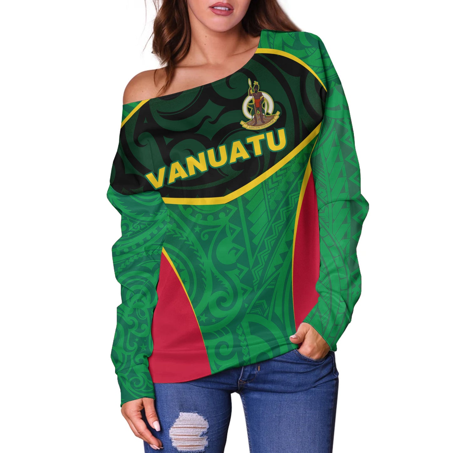 Vanuatu Off Shoulder Sweatshirt Seal Tribal Patterns