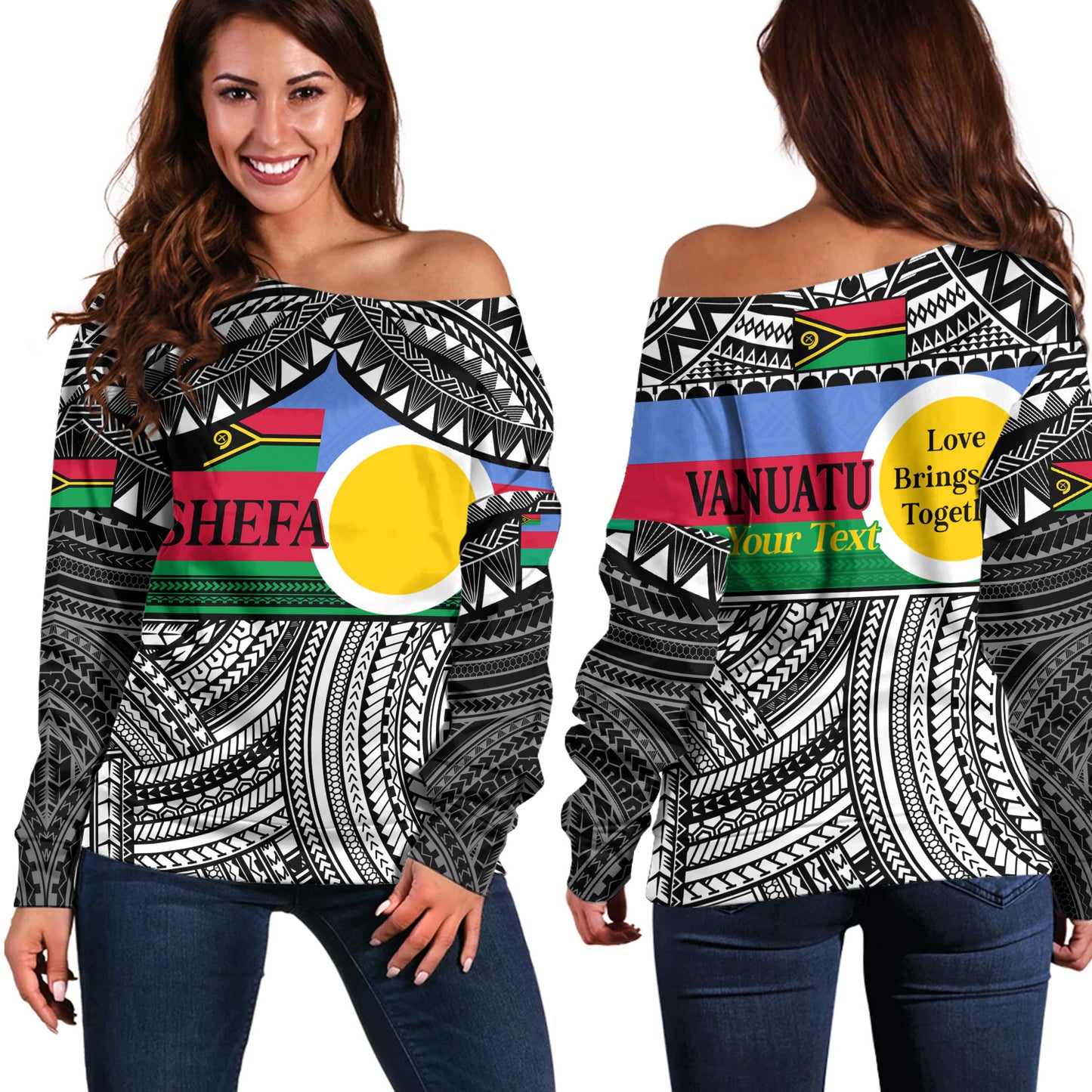Vanuatu Off Shoulder Sweatshirt - Custom Shefa Tribal Pattern Mix Flag